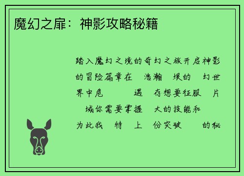 魔幻之扉：神影攻略秘籍