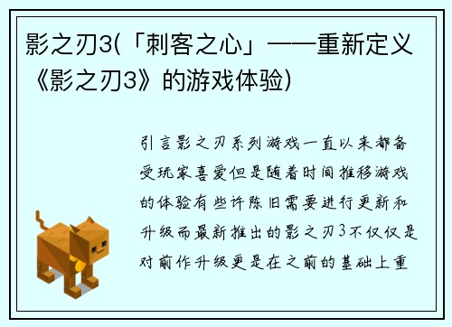 影之刃3(「刺客之心」——重新定义《影之刃3》的游戏体验)